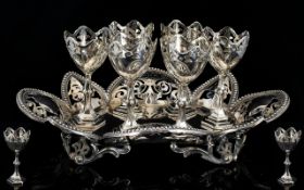 Antique English Silver Plated Egg Cups With Reticulated Tray Circa 1890,