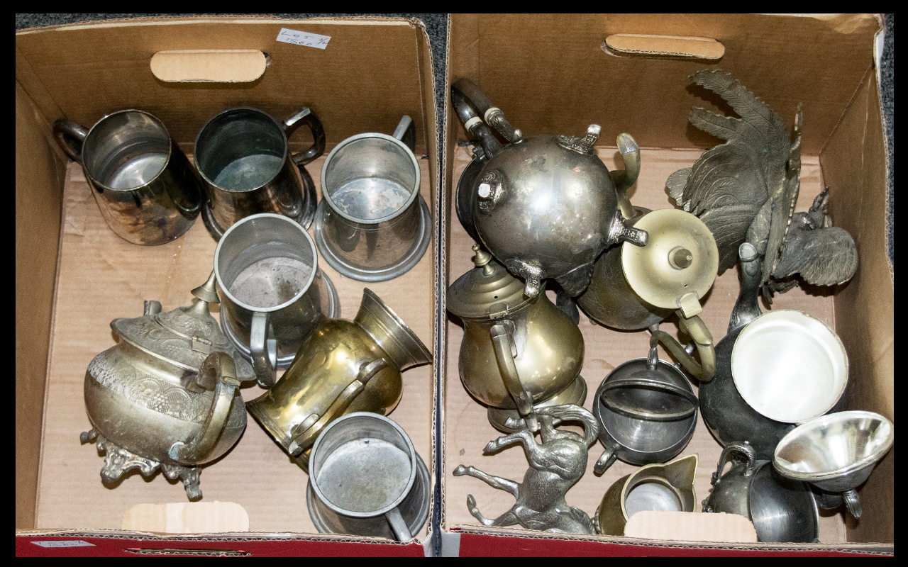 A Mixed Box Of Silver Plated And Metalware Items A varied lot to include tankards,