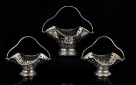 Edwardian Period Superb Quality Set of 3 Solid Silver Open-worked Swing Handle Sweetmeat Baskets,