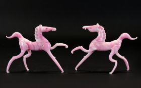 A Pair Of Vintage Murano Glass Prancing Horse Figures delicate handblown glass figures in pale