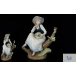 Nadal - Lladro Style Hand Painted Porcelain Figure - Young Girl Seated on a Tree Stump with Basket