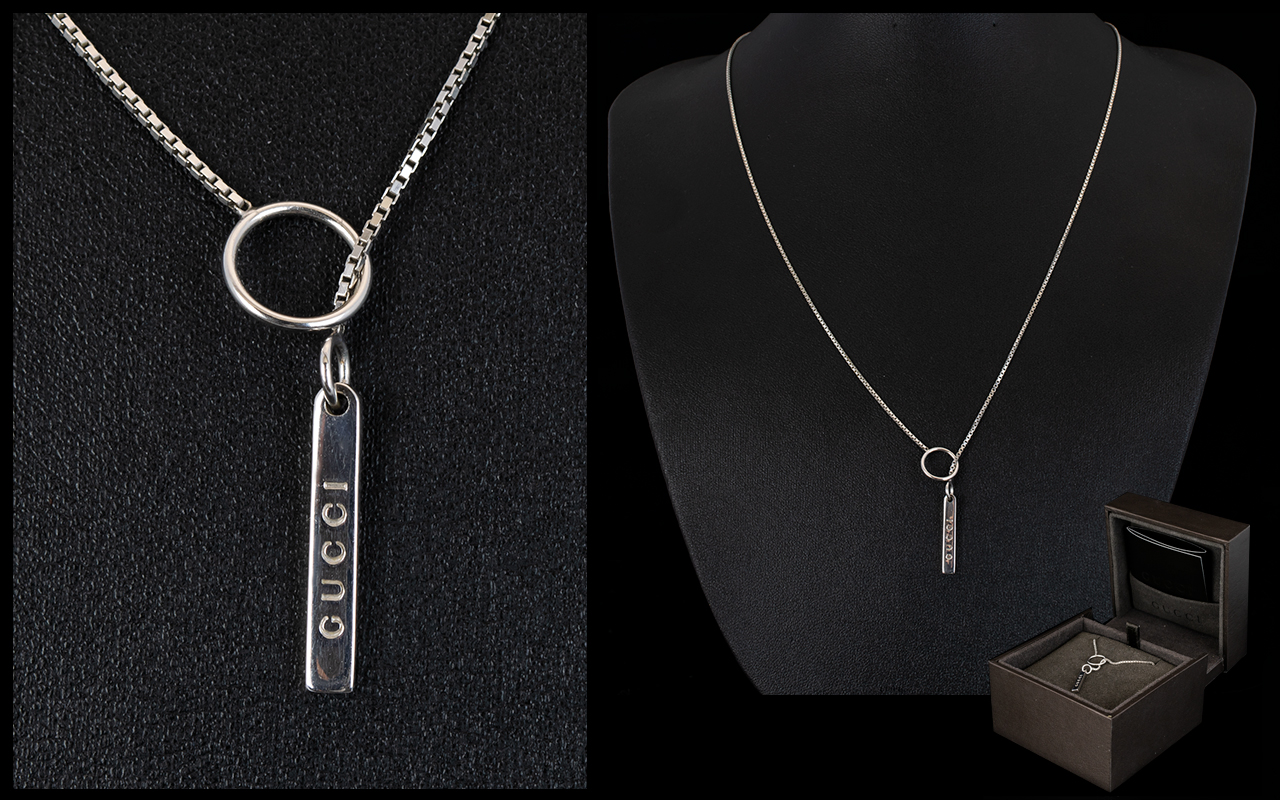 Gucci - Handmade 18ct White Gold Adjustable Necklace and Drop / Gucci Tag.