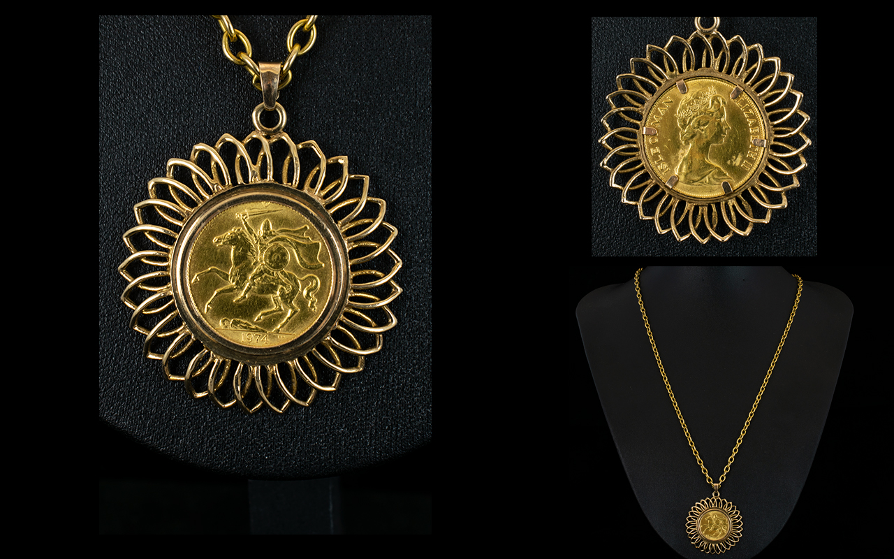 Elizabeth II - Isle of Man 22ct Full Sovereign - Mounted In a 9ct Gold Starburst Design Mount,