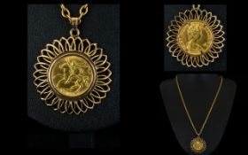 Elizabeth II - Isle of Man 22ct Full Sovereign - Mounted In a 9ct Gold Starburst Design Mount,