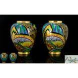 Carlton Ware Art Deco 'Scimitar' Pattern Pair Of Globular Vases Pattern Number 3651 Polychrome
