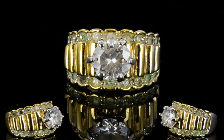 18ct Gold Plated - Electroplated Brilliant Cut Glass Single Stone Dress Ring from the 1970s,
