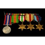 World War II Trio of Military Medals ( 4 ) + Bar / Ribbon. Comprises 1/ 1939 - 1945 Defence Medal.