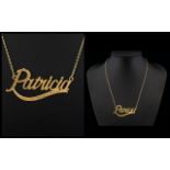Ladies 9ct Gold Name / I.D Necklace ' Patricia ' In Script with Attached 9ct Gold Chain.