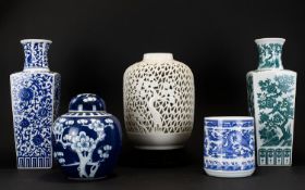 A Collection Of Modern Oriental Ceramics Five items in total to include blue and white prunus