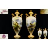 Royal Worcester Harry Davies Superb Quality Signed - Matched Pair of Urn Shaped Lidded Vases '