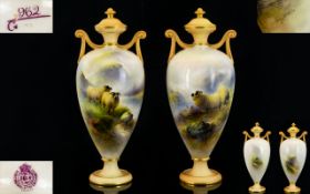 Royal Worcester Harry Davies Superb Quality Signed - Matched Pair of Urn Shaped Lidded Vases '