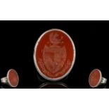 Antique Seal Ring In Later Silver Setting Oval carnelian intaglio seal with family crest of shield
