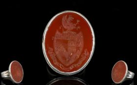 Antique Seal Ring In Later Silver Setting Oval carnelian intaglio seal with family crest of shield