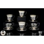 Antique Set of Six Silver Open-worked Coffee Cups and Saucers - Four with Ceramic Liners, All Marked