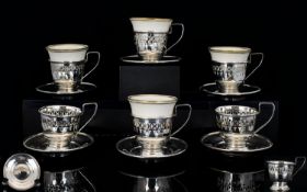 Antique Set of Six Silver Open-worked Coffee Cups and Saucers - Four with Ceramic Liners, All Marked