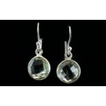 Brazilian Green Amethyst Solitaire Drop Earrings, round cut green amethysts of 3cts each, with