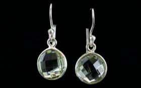 Brazilian Green Amethyst Solitaire Drop Earrings, round cut green amethysts of 3cts each, with