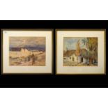 A Pair Of Framed Watercolours The first depicting a seascape with fisherman - indistinct signature