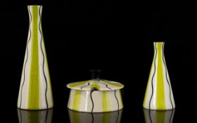 Midwinter Jessie Tait 4 Piece Cruet Set Yellow & White wavy line design. 1950s, Mint Condition.