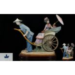 Lladro - Large and Impressive Porcelain Figure Group ' Rickshaw Ride ' Raised on a Wooden Plinth,