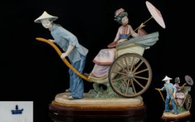 Lladro - Large and Impressive Porcelain Figure Group ' Rickshaw Ride ' Raised on a Wooden Plinth,