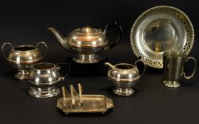 A Collection Of Plated Items Seven pieces in total to include pierced border footed bowl, teapot,