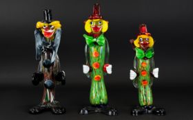 Murano Glass Clown Figures Three in total to include standing clown with black glass cymbals,