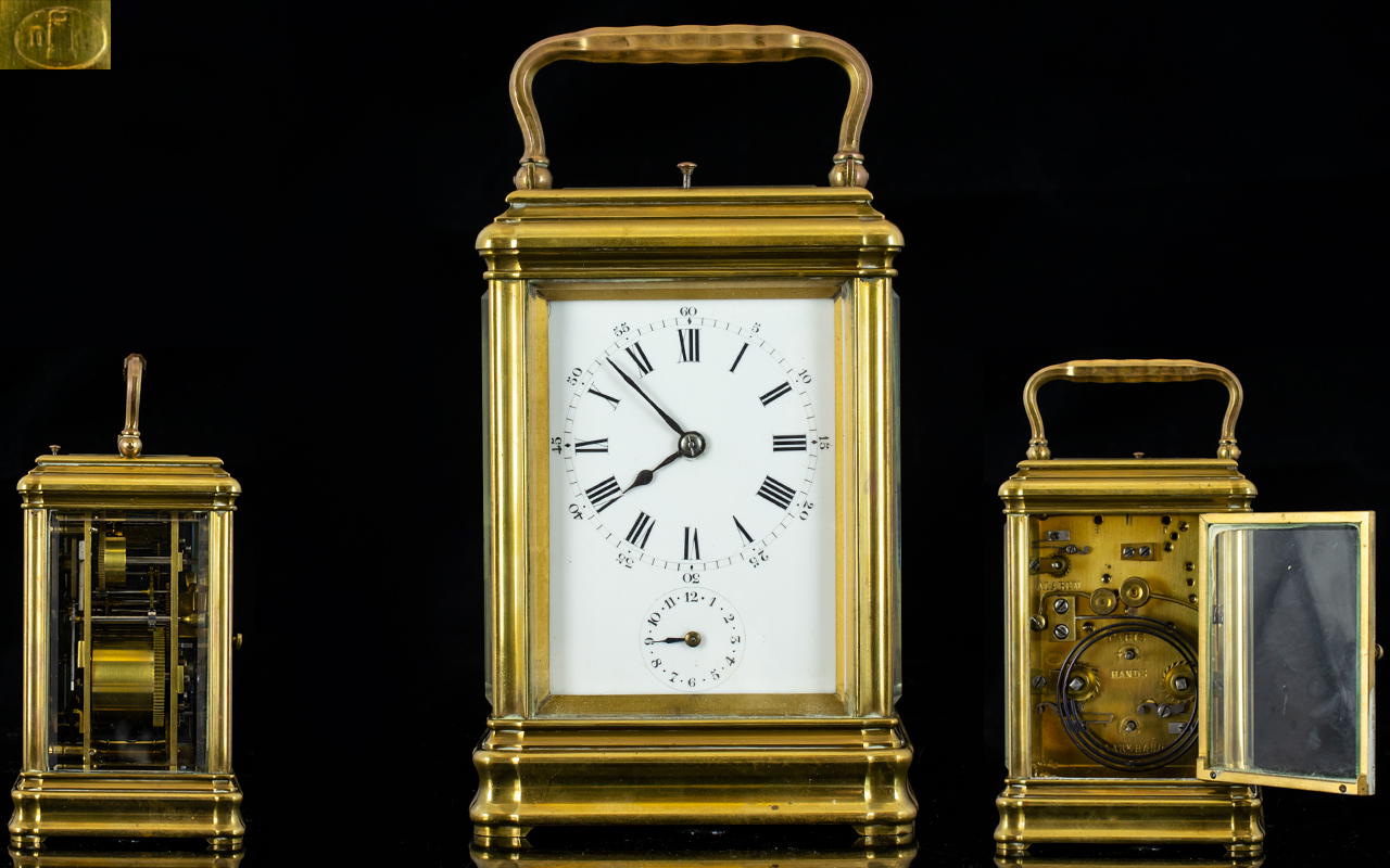 French Mid 19th Century Pierre Drocourt Strike / Repeating Brass Carriage Clock. c.