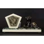 Art Deco Marble Figural Mantle Clock Raised on rectangular base of cream and moss green veined
