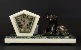 Art Deco Marble Figural Mantle Clock Raised on rectangular base of cream and moss green veined