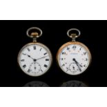 Two Silver Open Faced Pocket Watches Each with white porcelain dials and subsidiary seconds,