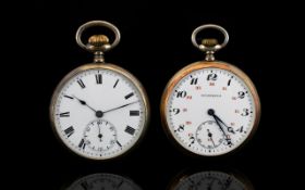 Two Silver Open Faced Pocket Watches Each with white porcelain dials and subsidiary seconds,
