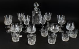 Glass Drinking Set comprising Decanter, 6 Brandy Glasses, 8 Whiskey Tumblers and 6 Wine Glasses.