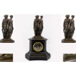 French Impressive Mid 19thC Black Marble Mantel Clock by Vauvray Freres of Paris bronze sculpture