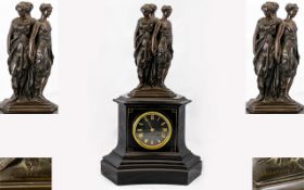 French Impressive Mid 19thC Black Marble Mantel Clock by Vauvray Freres of Paris bronze sculpture