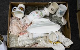 A Mixed Box Comprising crochet doilies, glass, porcelain etc. To include Wedgwood, Aynsley etc.