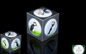 Elliot Hall Hand Painted and Signed Enamel ' Dice ' Paperweight. Puffins Design, From The Onwards