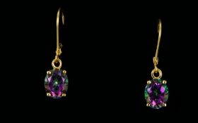 Northern Lights Mystic Topaz Pair of Drop Earrings, oval cut solitaires of the pinkish purple to