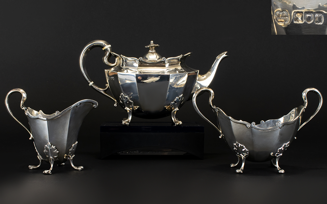 Edwardian Superb Quality Bachelors 3 Piece Solid Silver Tea Services of Excellent Proportions and