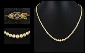 Victorian Period Single Strand - Graduated Pearl Necklace with 9ct Gold Clasp,