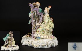 Dresden Style 20th Century Hand Painted Porcelain Figure Group, Depicts a Young Man and Woman In