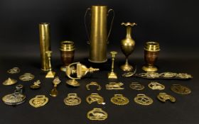 Collection Of Brass Saddle Decorations And Trench Art Comprising Door Knocker,