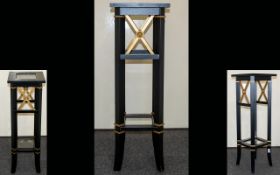 Contemporary Ebonised and Gold Painted Tall Display Stand with Glass Inset to Top and Base and X