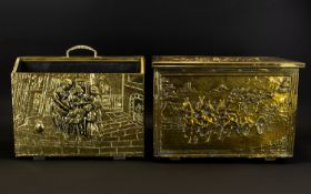 A Brass Fire Box And Accompanying Magazine Rack Rustic style box with embossed brass coach and