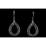 Blue Sapphire Pair of Drop Loop Earrings, 5cts of round cut blue sapphires set in pear shape loops