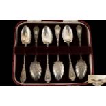 Antique Period Boxed Set of Six Very Ornate Silver Teaspoons, The Body and Stems In High Relief,