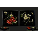 Victorian Period - Ebonised Paper Mache Square Shaped Lacquered Boxes ( 2 ) with Good Quality Floral