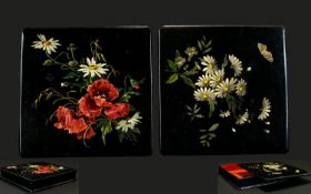 Victorian Period - Ebonised Paper Mache Square Shaped Lacquered Boxes ( 2 ) with Good Quality Floral