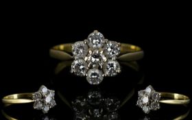 18ct Gold Diamond Cluster Ring Flowerhead setting, set with 7 round modern brilliant cut diamonds,