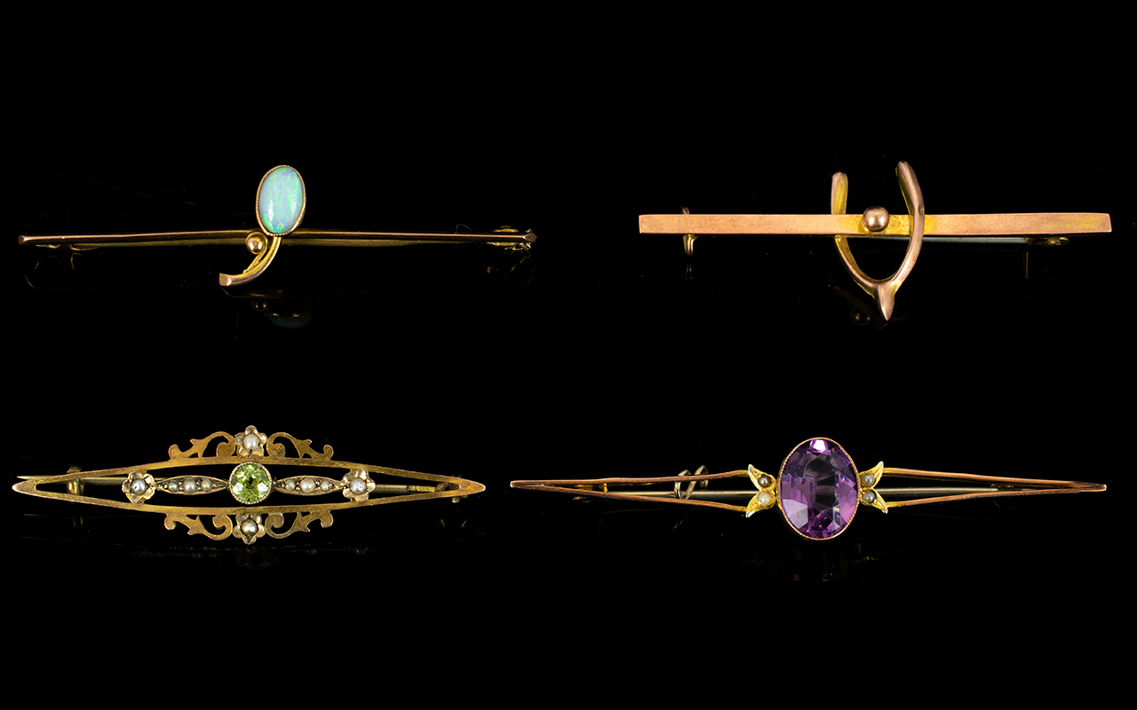 Edwardian and Victorian Period - Good Collection of Four ( 4 ) 9ct Gold Stone Set Brooches.